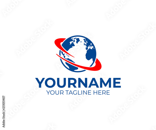 Logistic, planet earth with spin or swirl around it, logo design. Logistics, fast delivery of goods and freight transportation, vector design and illustration