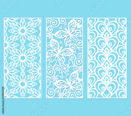 Ornamental panels with floral pattern. Flowers and leaves. Laser cut decorative lace borders patterns.