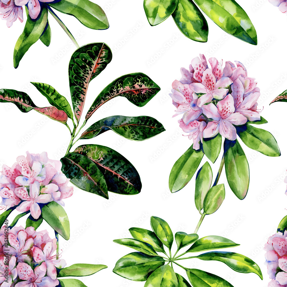 Tropical rhododendron flower seamless pattern watercolor. Interior wallpaper  with pink azalea flowers. Exotic plants illustration. Stock Illustration |  Adobe Stock