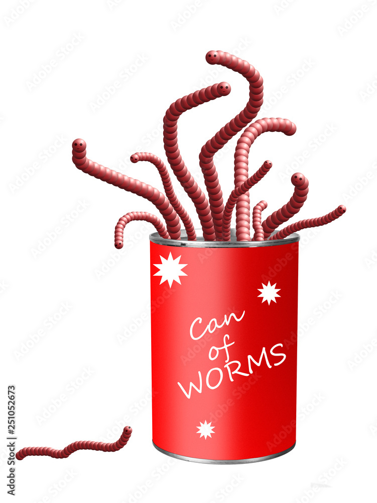 Bright red can of worms isolated on white. Concept, metaphor. Bright