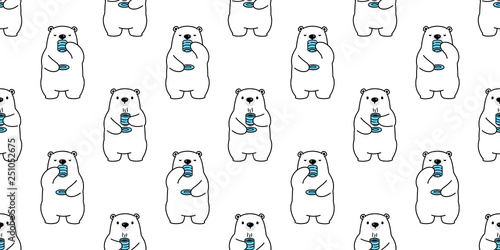 Bear seamless pattern vector polar bear coffee tea scarf isolated cartoon repeat wallpaper tile background illustration