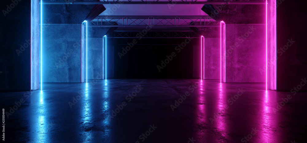 Fototapeta Neon Glowing Purple Pink Blue Retro Sci Fi Futuristic Modern Empty Grunge Concrete Reflective Stage Construction Tunnel Corridor Dark Room Hall 3D Rendering
