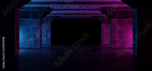 Fototapeta Naklejka Na Ścianę i Meble -  Neon Glowing Purple Pink Blue Retro Sci Fi Futuristic Modern Empty Grunge Concrete Reflective Stage Construction Tunnel Corridor Dark Room Hall 3D Rendering