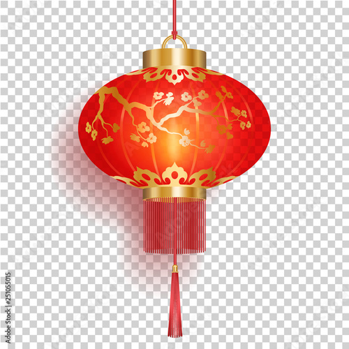 Red Chinese lantern with gold sakura patterns isolated on transperent background
