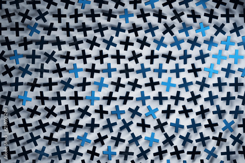 Abstract pattern with many dark blue rotated crosses or pus signs on white background. 3d illustration.