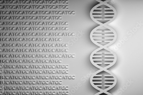 Concept of DNA sequencing - DNA helix with guanine adenine thymine cytosine A T G C letters. Black and white image. 3d illustration.