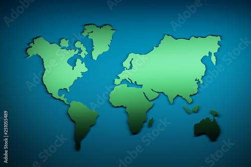 Silhouette contour of world map with shadows in green color on blue background symbolizing water. 3d illustration.