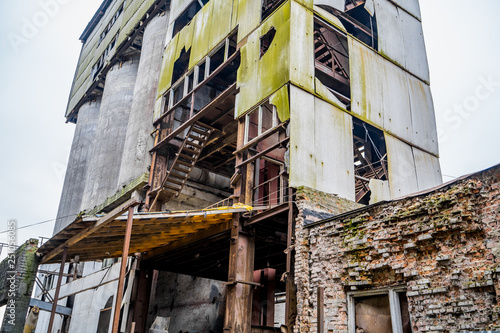 Destroyed factory. Old industrial building for demolition.