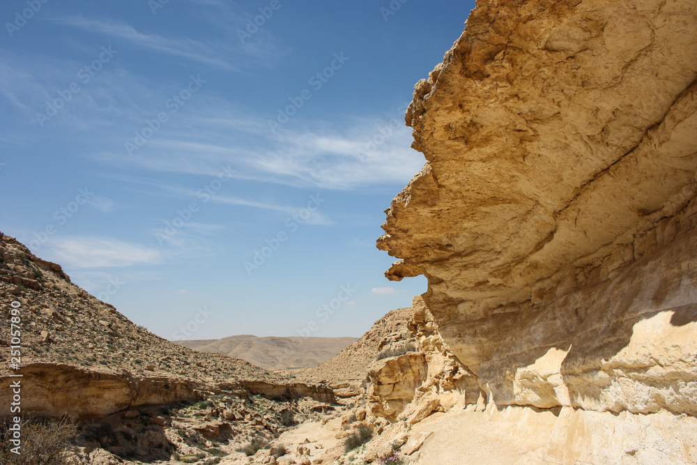Rocky cliff under the hot sun in Negev Desert, Israel