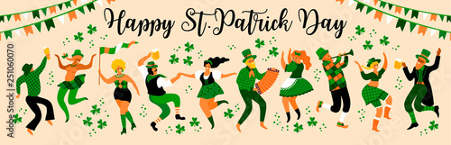 Saint Patricks Day. Vector illustration with funny people in carnival costumes