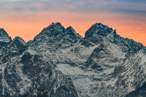 Fototapeta Naklejka Na Ścianę i Meble -  Tatra mountains landscape, winter sunrise over Rysy and Wysoka