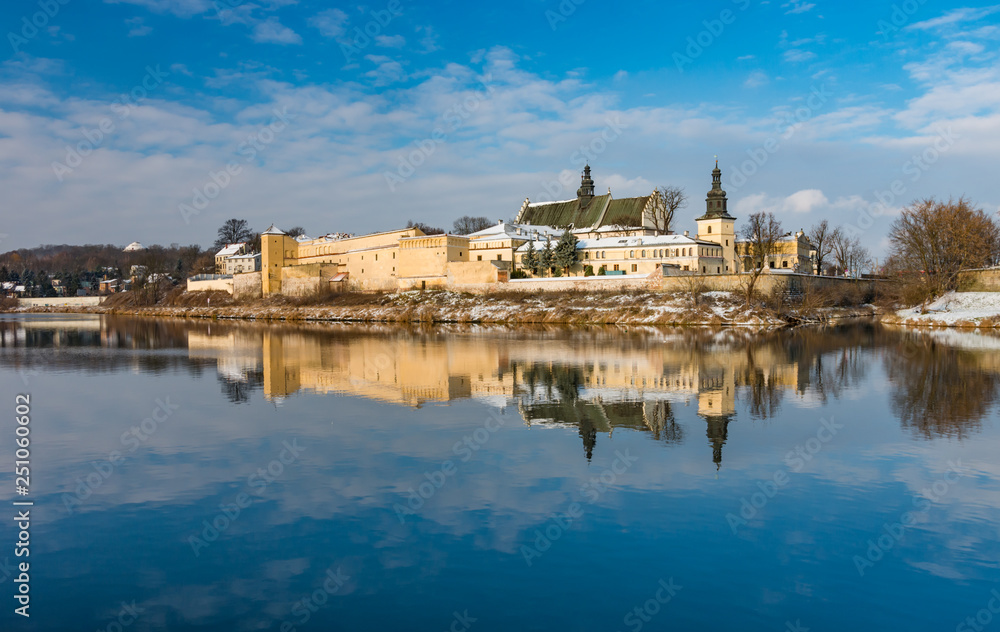 Krakow, Poland, winter landscape of Vistula river and Norbertine sisters monastery