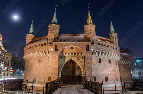 Krakow, Poland, medieval barbican (Barbakan) in the night