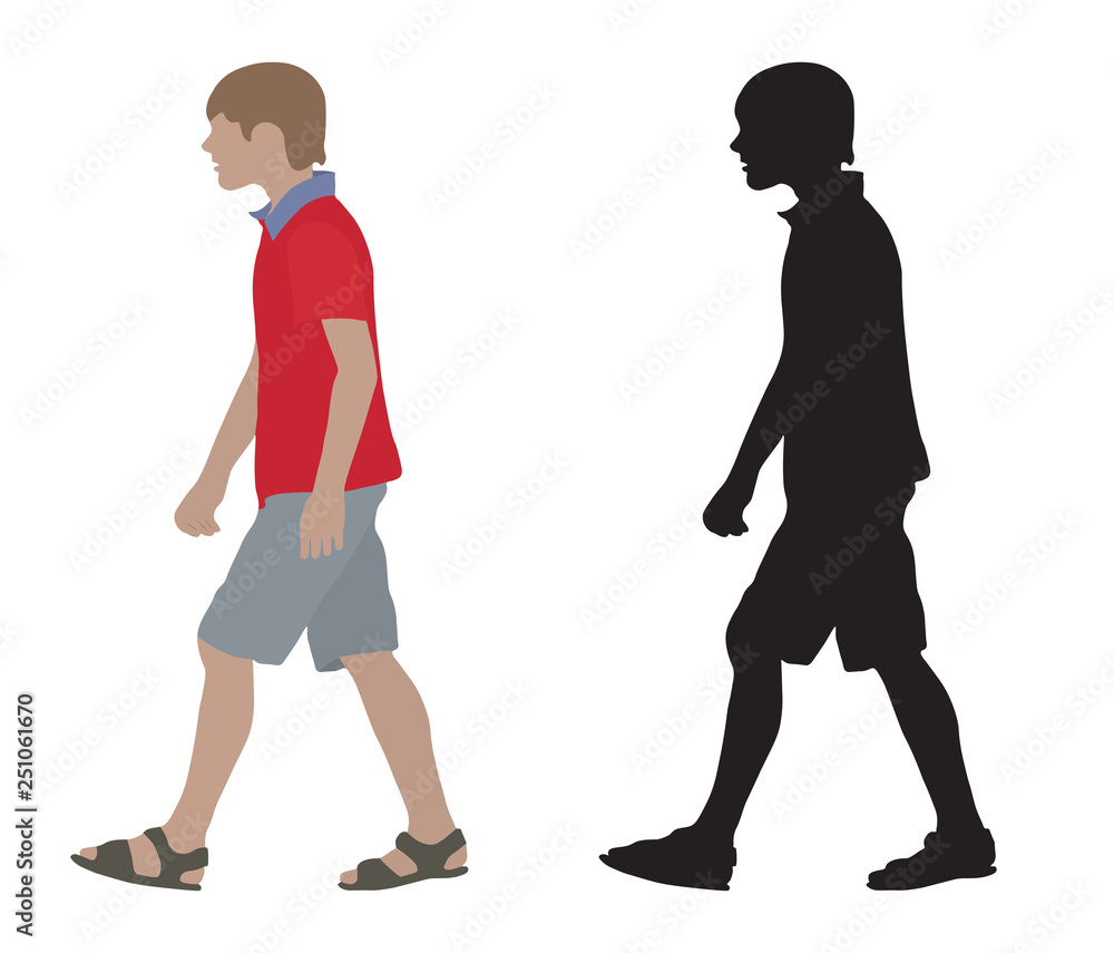 Teenager on moving (side view) and silhouette. Isolated. Vector illustration.