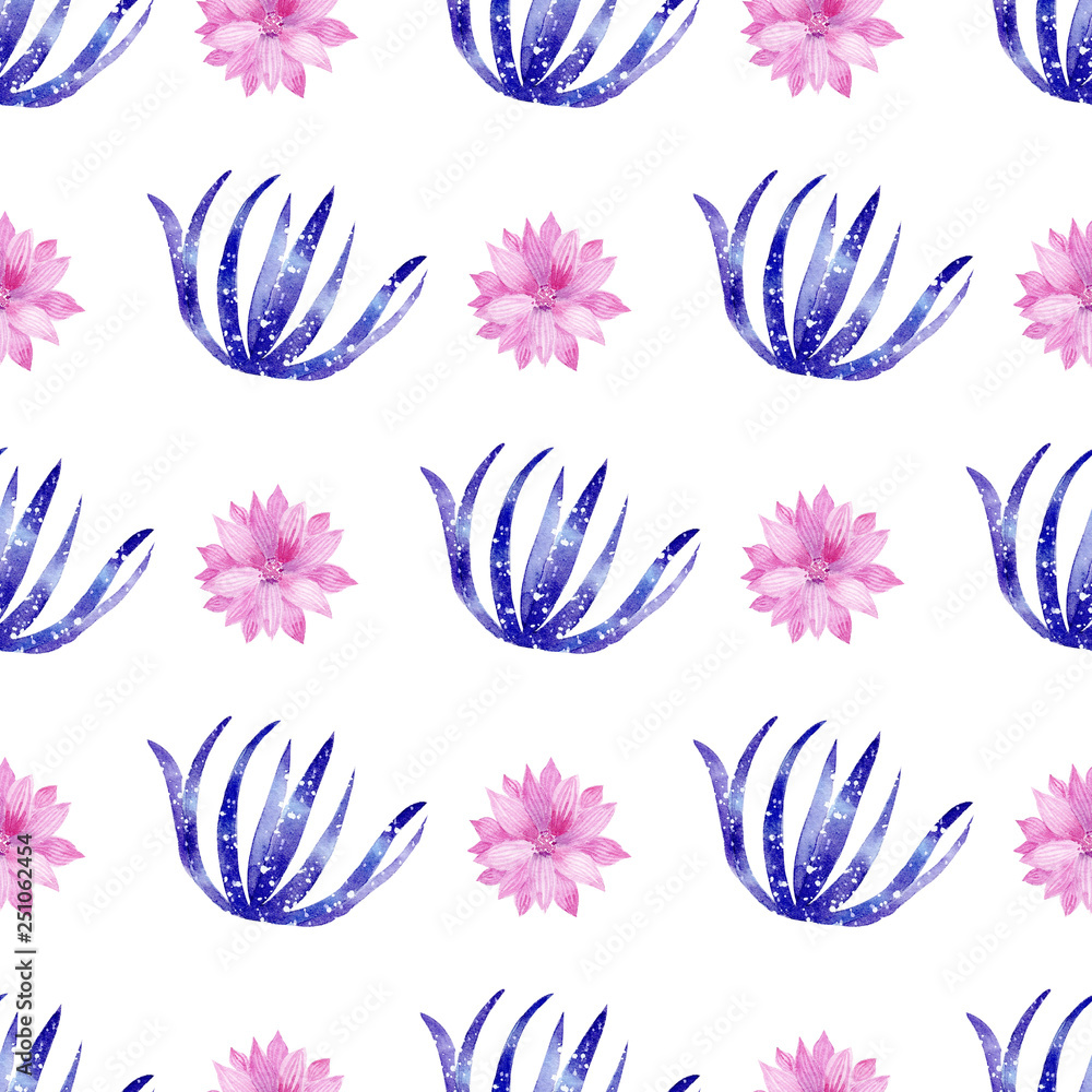 Seamless pattern with galaxy watercolor hand painted exotic cactus and pink flowers . Seamless pattern with galaxy watercolor hand painted exotic cactus and pink flowers .