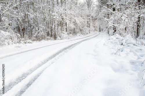 Winding forest road covered by a thick layer of snow in a New Jersey park