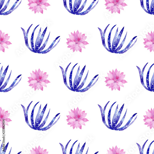 Seamless pattern with galaxy watercolor hand painted exotic cactus and pink flowers . © tanialerro