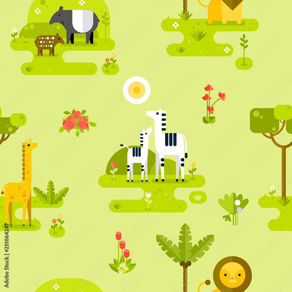 Beautiful seamless pattern with jungle animals. Vector flat illustration. Beautiful seamless pattern with jungle animals. Vector flat illustration.