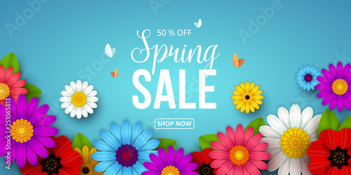 Spring sale background with beautiful flowers. Vector illustration