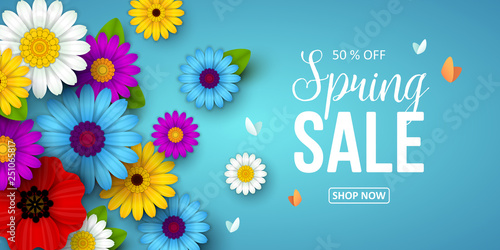 Spring sale background with beautiful flowers. Vector illustration