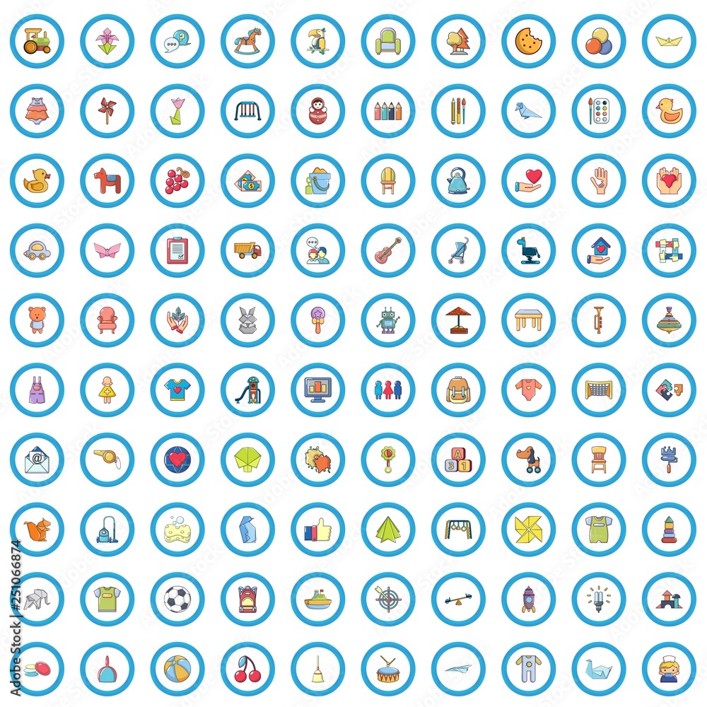 100 child center icons set. Cartoon illustration of 100 child center vector icons isolated on white background 100 child center icons set. Cartoon illustration of 100 child center vector icons isolated on white background