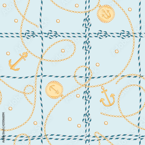 Fashion Seamless Pattern with Golden Chains and Anchor for Fabric Design. Marine Background with Rope, Knots, Flags and Nautical Elements. Vector illustration