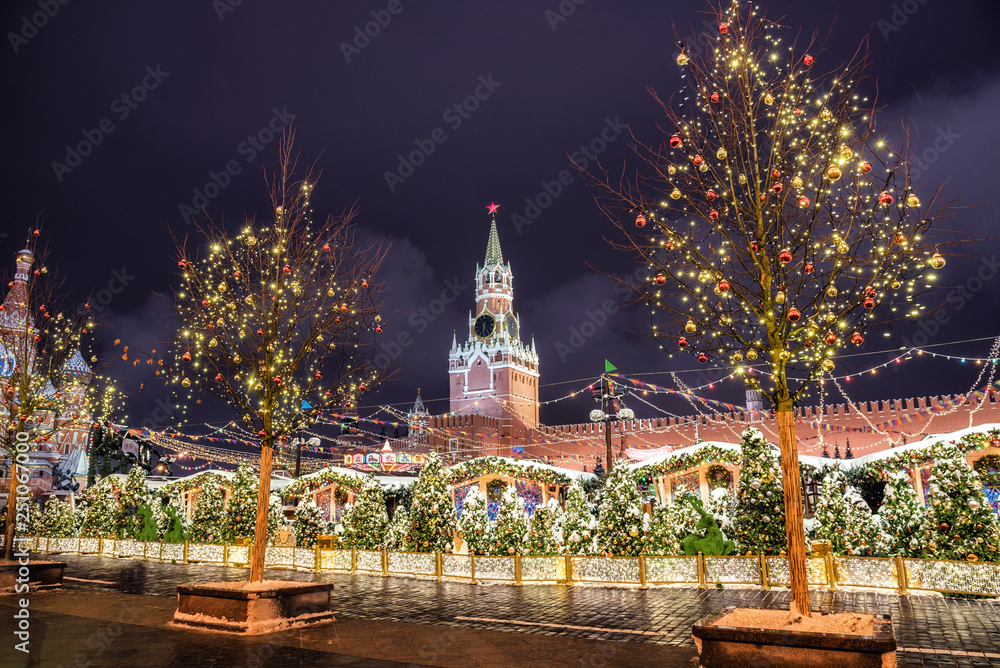 Red Square, Moscow, Russia - December 29, 2018: Spasskaya Tower. Winter Moscow before Christmas and New Year