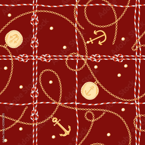Fashion Seamless Pattern with Golden Chains and Anchor for Fabric Design. Marine Background with Rope, Knots, Flags and Nautical Elements. Vector illustration