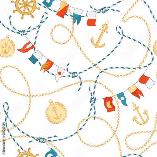 Fashion Seamless Pattern with Golden Chains and Anchor for Fabric Design. Marine Background with Rope, Knots, Flags and Nautical Elements. Vector illustration