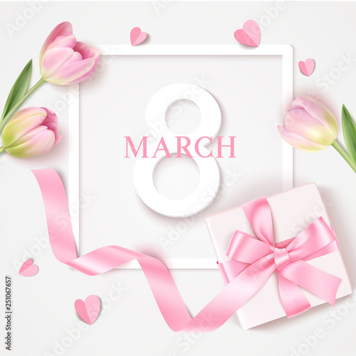Womens Day 8 March design template. Decorative number eight with gift box and pink tulips. Vector illustration