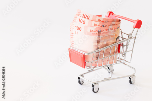 Bolivian money inside a shopping cart photo