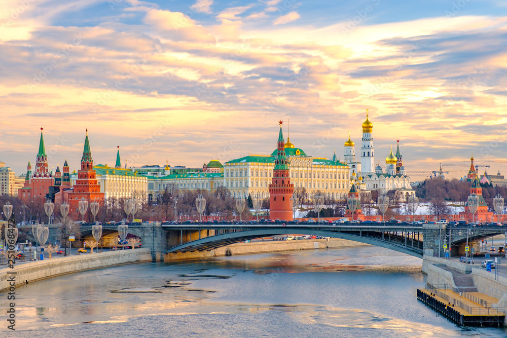 Morning city landscape with view on Moscow Kremlin.
