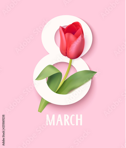 Happy Womens day. 8 march symbol with red tulip on pink background. Vector illustration