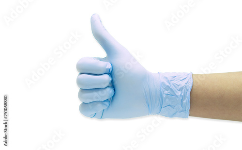 Ok sign made of blue medical gloves.