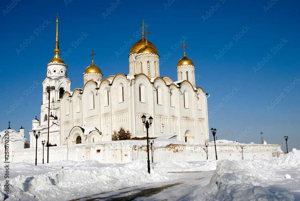 Assumption church in Vladimir town, Russia, famous by its frescoes painted by Andrey Rublev. Popular landmark. Color photo. Assumption church in Vladimir town, Russia, famous by its frescoes painted by Andrey Rublev. Popular landmark. Color photo.