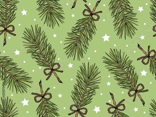Vector illustration of sketch hand drawn pattern with colorful Christmas tree. Vintage foliage, New Year present, gift, Holiday green background, Retro wallpaper.