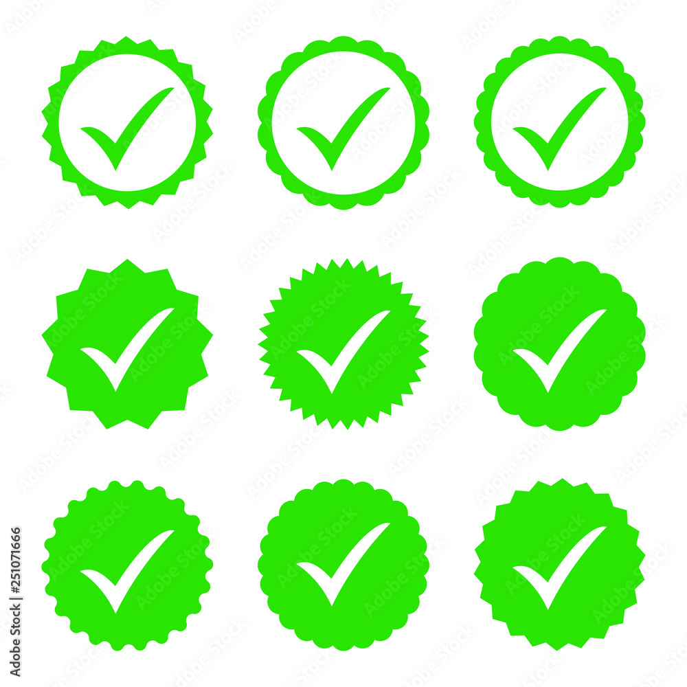 Approved icon. Profile Verification. Accept badge. Quality icon. Check mark. Sticker with tick. Approved icon. Profile Verification. Accept badge. Quality icon. Check mark. Sticker with tick.