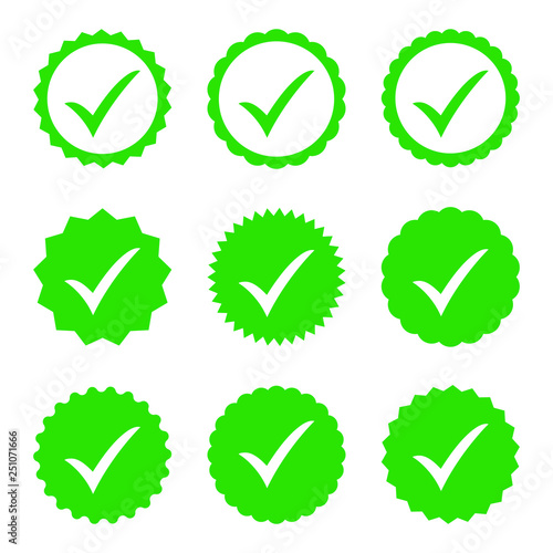 Approved icon. Profile Verification. Accept badge. Quality icon. Check mark. Sticker with tick.