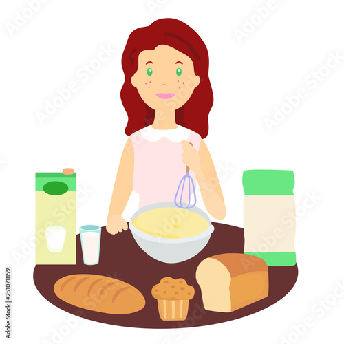Chica cocinando, pan. Ilustración - Vector