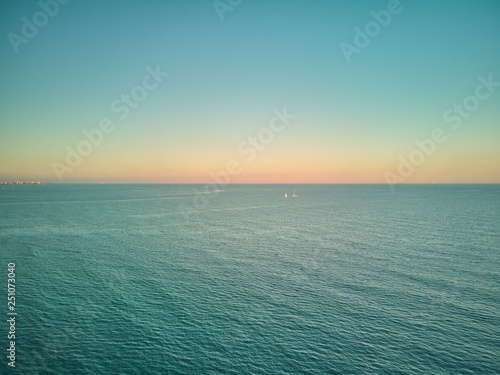 Aerial sunset view from the Malvarrosa beach in Valencia. Spain
