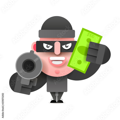 Thief With A Bag Of Money Running From Prosecution. Vector Illustration