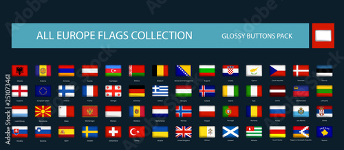 All Europe Flags round rectangle glossy icon isolated on black