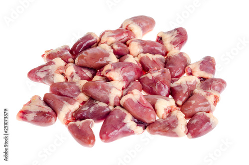 Heap of raw chicken liver, isolated on white background. photo