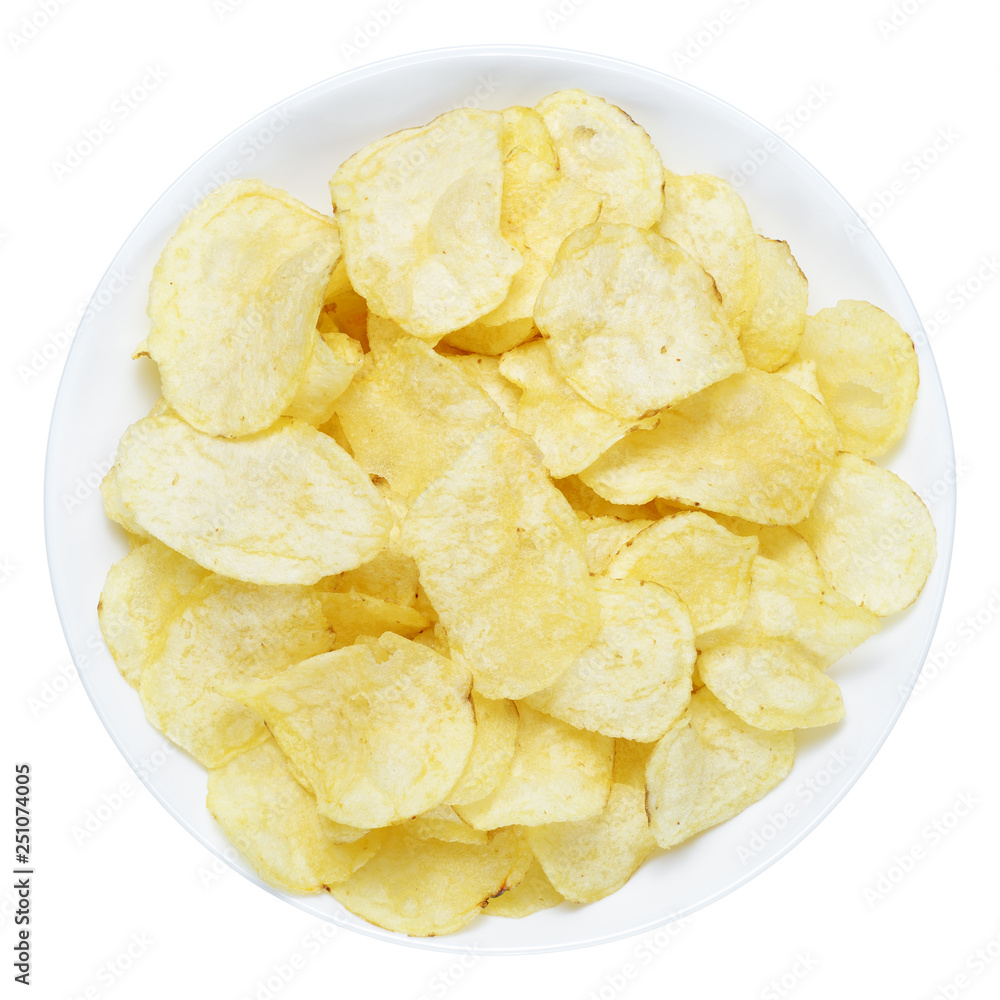 Potato chips in bowl isolated on white background Potato chips in bowl isolated on white background