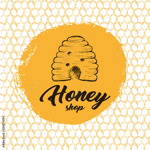 Honey Bee, Sketch Logo Design with Honeycomb Pattern. Vintage hand drawn isolated illustration with handcrafted lettering.