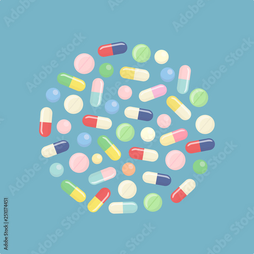 Pill and tablets, medicine isolated on background. Heap of medicines, capsules, drug.