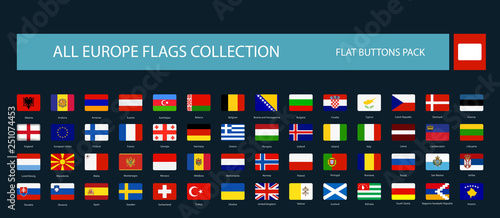 All Europe Flags round rectangle flat buttons isolated on black