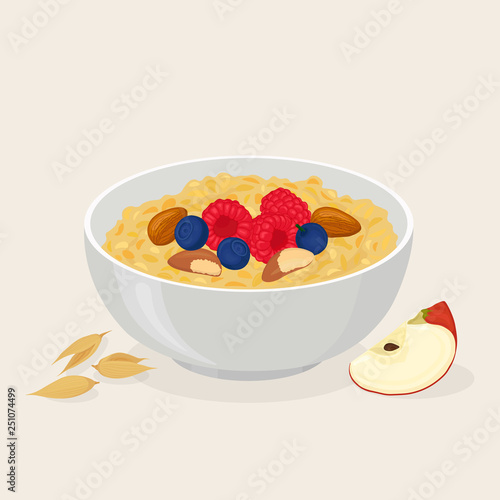 Porridge oats in bowl with bananas, berries, strawberry, nuts and cereals isolated on white background. Healthy breakfast