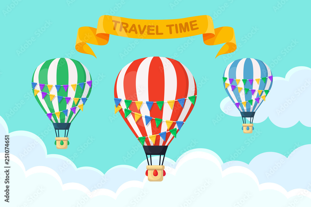 Hot air balloon in the sky with clouds. Flat cartoon design. Vector illustration	