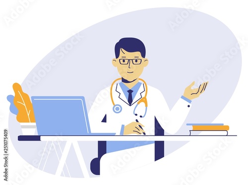 Medicine concept with doctor in thin line style. Practitioner young doctor man sits by the table in hospital medical office. Consultation and diagnosis.